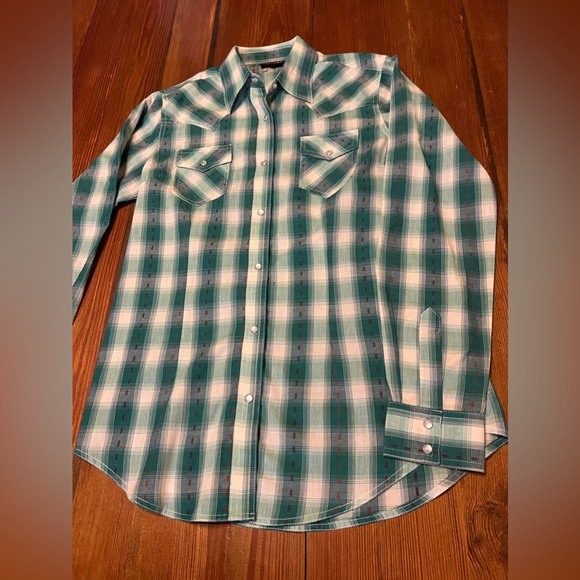 WRANGLER RETRO WOMENS‎ SNAP SHIRT - GREEN/CREAM/RED - Picture 1 of 6